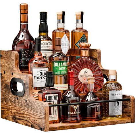 Weinregal, Kaffeesirupregal, dreistöckiges Weinregal für die Arbeitsplatte, Minibar, Weinschrank, Vintage-Barregal für Whisky und Spirituosen, braun