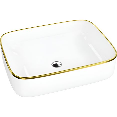 Vasque à poser LAVITA Vasque à poser élégante et compacteProduit en porcelaine de haute qualité rectangulaire 50,5x40x14 cm Blanc/Or