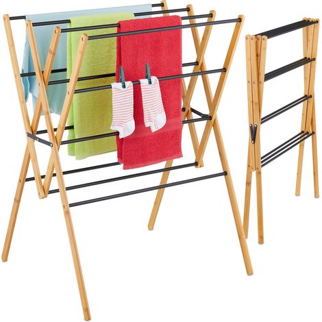 Relaxdays folding airer, 12 rods, HxWxD: 93 x 70 x 62 cm, bamboo, metal, compact design, natural/black