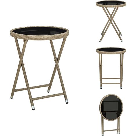 Table à thé Beige 60 cm Résine tressée et verre trempé - Table Basse Jardin - Table À Thé Pliante - Mobilier De Jardin - Table Extérieure - Table En Résine Tressée (1/5)