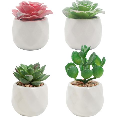 Lot de 4 pots en céramique, design géométrique, plantes succulentes réalistes, décoration intérieure (1/5)