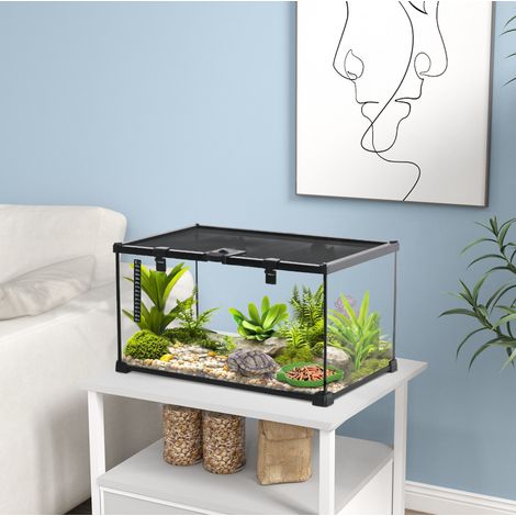 Terrario de cristal para reptiles 50 x 30 x 25 cm con tapa de rejilla y termómetro, negro (1/5)
