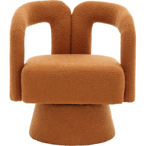 Fauteuil pivotant 360° en tissu bouclette orange avec accoudoirs arrondis, assise rembourrée et base métal, pour salon chambre bureau lecture – CHICFURN (1/5)
