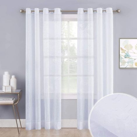 Voilage - Blanc - Froissé Texturé - 137 Cm Largeur - 8 Oeillets Argentés - Pour Tringle À Rideaux - Lot De 2 (1/3)