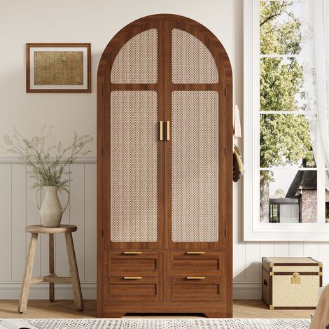 Armoire Moderne à Portes Cintrées 80x50x179 cm, Armoire de Rangement avec Penderie et Tiroirs, Grande Capacité de Stockage, pour Chambre et Entrée - Noyer