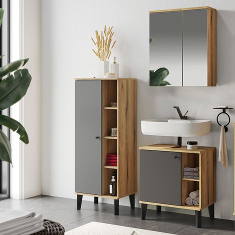 Badmöbel-Set 3-teilig mit Waschbeckenunterschrank 60 cm, Spiegelschrank, in Eiche mit grau OLEAN-61 (1/5)