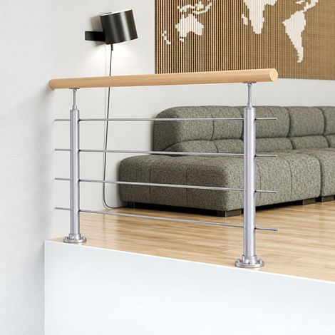 Garde-corps en acier - Fixation au sol - Longueur 1.50m - Structure découpable - Main-courante en bois - INTERIO-GC-FS-150 (1/4)