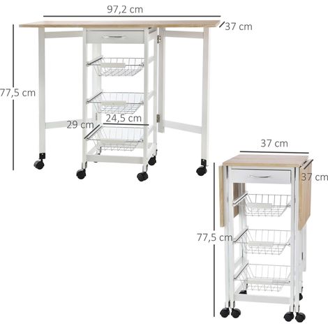 Chariot de service desserte de cuisine à roulettes multi-rangements 3 paniers métal + tiroir + rallonges MDF blanc chêne clair (1/5)