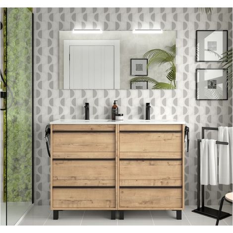 120 cm Badezimmer-Standschrank aus Ostippo-Eichenholz mit Aufsatzwaschbecken aus Porzellan - Astoria - Standard