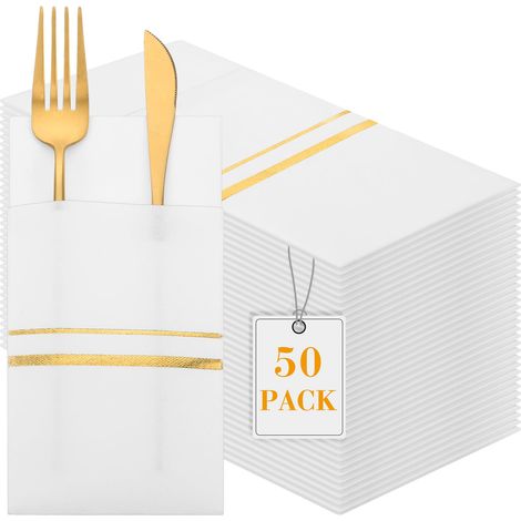Lot de 50 serviettes de table jetables au toucher lin avec poche à couverts intégrée doublées avec bordure dorée - Serviettes en papier pour mariage, dîner de fête (blanc, doré) (1/5)