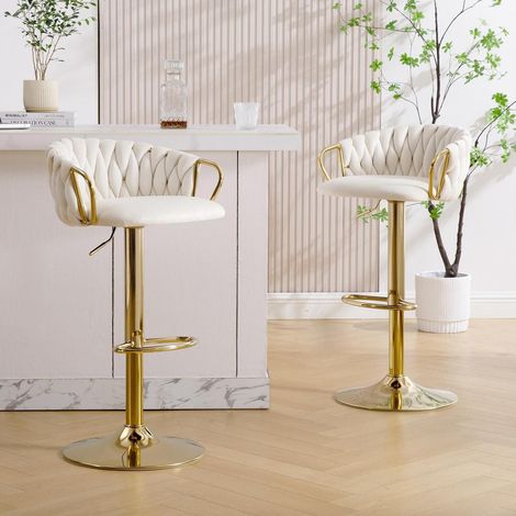 Barhocker 2er Set höhenverstellbar 360° drehbar Samt mit geflochtener Rückenlehne, Weiß (1/5)