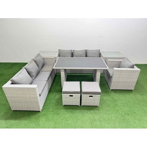 Fimous Patio Garden Furniture Sets with Black Glass Top Dining Table 3 Seater Sofa Armchair 2 Side Tables 2 Small Stool Light Grey (1/5)