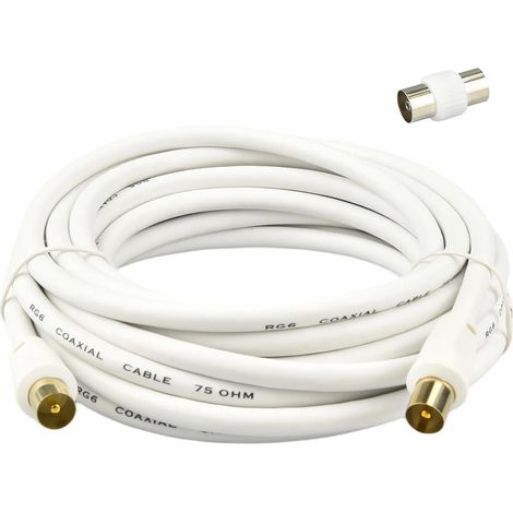 Câble Antenne TV 5M Coaxial RG-59 75 Ohms Double Blindage, Connecteurs TV IEC 9,5mm Mâle à Mâche, Adaptateur Femelle-Femelle Nickelé Inclus – Pour TNT DVB-T2 Câble Satellite (1/5)