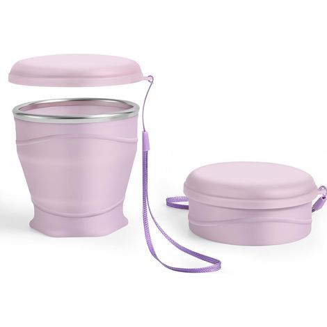Mug de voyage pliable en silicone avec couvercle anti-poussière, 260 ml, sans BPA, portable et réutilisable pour le camping, les pique-niques, les voyages et le bureau (violet clair) (1/5)