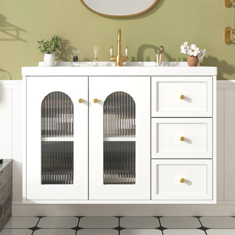 [Mit Keramikwaschbecken]80 cm schwebender Multifunktions-Badschrank,MDF-Platte,Großes Stauraumvolumen:2 Schubladen+Schrank mit Glastür(halbtransparent,mit verstellbaren Einlegeböden)