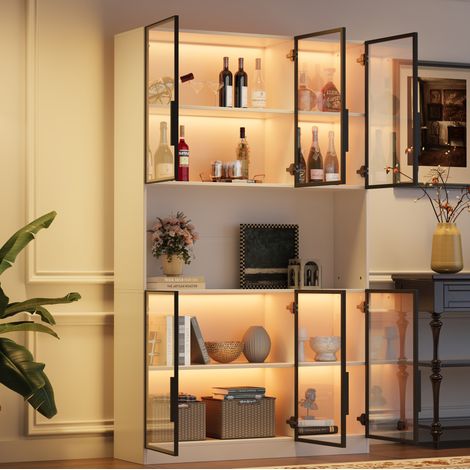 Vitrine haute 120 x 34 x 200 cm avec 6 portes, LED, MDF et verre blanc OKMYHOME (1/5)