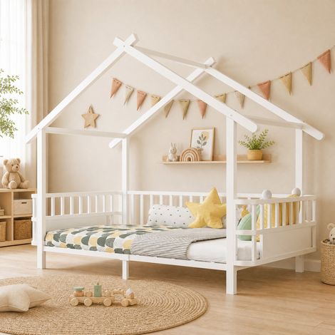 CHICFURN Cama infantil casita 90x200 cm de metal blanco, techo y barrera de seguridad (1/5)