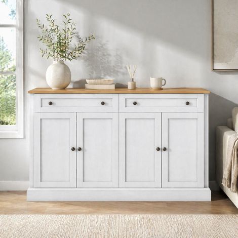 Credenza 4 ante e 2 cassetti, 150 x 40 x 86 cm, bianca e legno naturale DESVIAE (1/5)