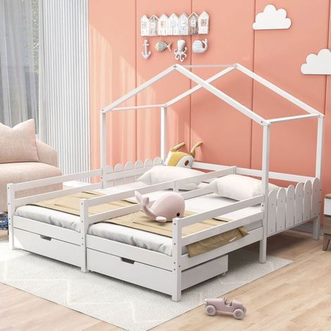Lit cabane - SOGEU - Lit cabane double 200x90 cm - Pin massif blanc - 2 tiroirs sur roulettes - Sommiers inclus (1/5)