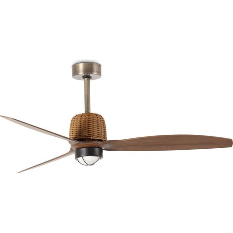 FARO Ventilatore a soffitto Weaver Ø1280 mm motore DC 6 velocita con funzione inversa per soffitti inclinati acciaio Oro Vecchio pale finitura noce 3000K FARO-334361N