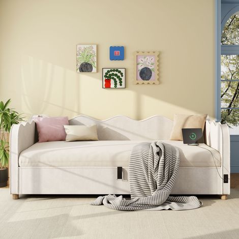 Lit de jour 90x200 cm avec rangement hydraulique, lit canapé rembourré velours beige, port USB & dossier, lit convertible moderne (1/4)