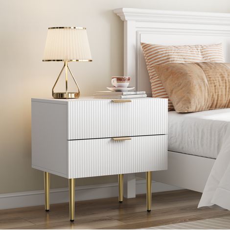 DESMIU Table de chevet 2 tiroirs avec poignées métal et pieds métal pour chambre blanc (1/5)
