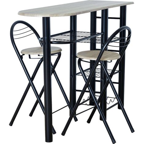 Mesa Alta de Cocina Office Estilo Industrial en Negro y Madera Clara con 2 Taburetes Plegables 40x88x120 cm (1/3)