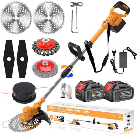 Coupe Bordure sans Fil avec Batterie 4 en 1 Debroussailleuse Electrique sans Fil avec 2 Batteries 4.0 Ah, 21V Débroussailleuse à Batterie Brushless avec Brosse Désherbage pour Jardin Élagage,Orange (1/5)