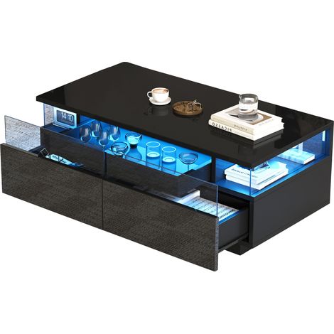 Mesa de centro rectangular con 2 cajones, bandeja extraíble, LED y estante, para salón, negro, 90 × 45 × 35.5 cm (1/5)