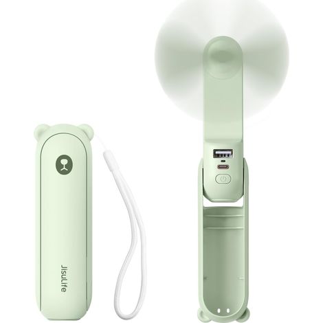 Mini portable handheld fan, 3-in-1, rechargeable, battery-operated fan [14-21 hours of operation] with power bank, flashlight function - light green