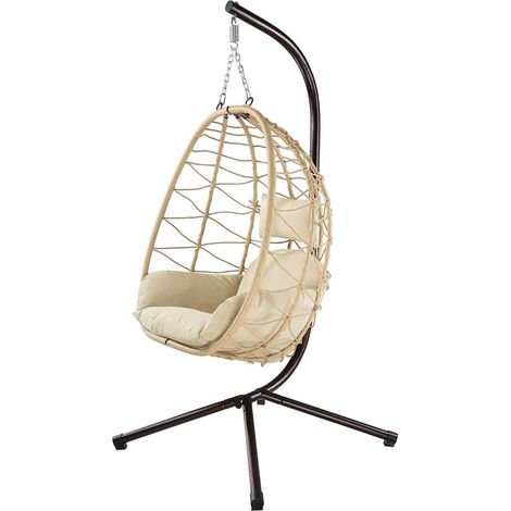 Poltrona Sospesa Giardino Sedia Dondolo Amaca Pensile Rannat e Metallo Beige (1/4)