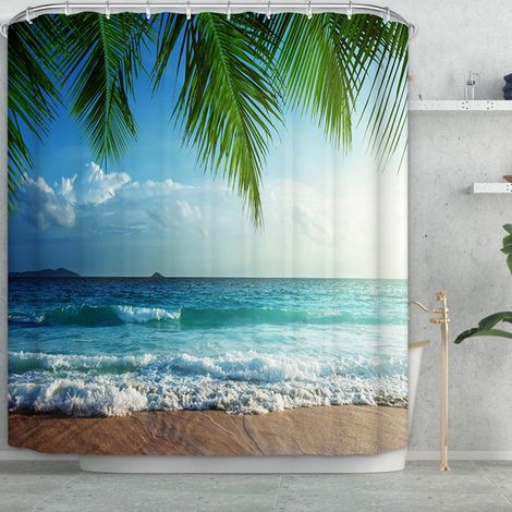 Rideau De Douche - Polyester Imprimé 3D Plage Océan - 178 X 175 Cm - Résistant À L Eau - Sans Doublure Nécessaire - 12 Crochets Inclus (1/4)