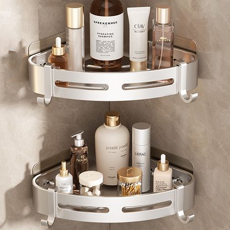 Etagère de Douche Sans Percage Étagère d'Angle Douche Métal avec 4 Crochets Etagere Salle de Bain Rangement Douche Support Douche 2 Pièces Argent (1/5)