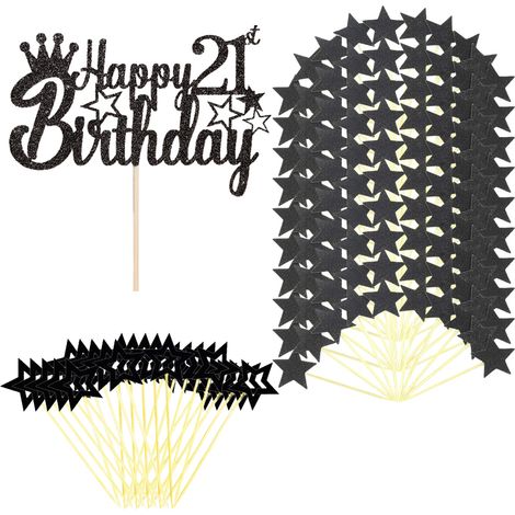 Décoration Gâteau Anniversaire 21 Ans - Topper Étoile Noir - Pour Gâteau et Cupcakes - Lot de 1 Topper Principal + 5 Décorations Étoilées (1/5)