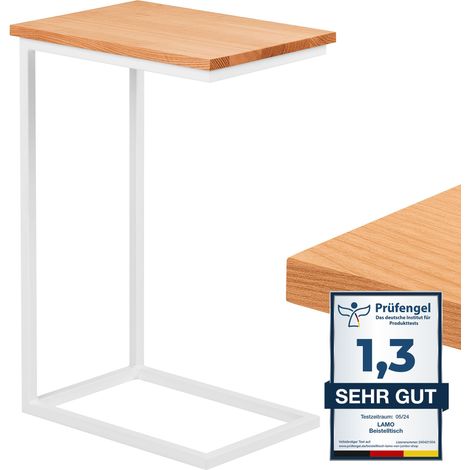 LAMO Manufaktur table d'appoint  table pour ordinateur portable  table de canapé  table basse mobile  table de chevet  45x30x67cm  cadre Blanc  plateau 100% bois massif couleur: Naturel (1/5)