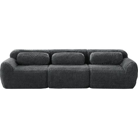 Niedriges 3-Sitzer-Modulsofa aus Plüschstoff, grau, mit Kissen, 291 x 104 x 73 cm (1/5)