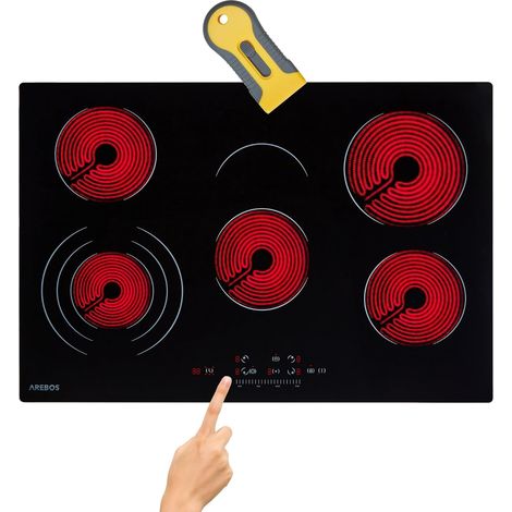 Arebos – Plaque vitrocéramique 5 zones de cuisson 8700W – Minuterie 1-99 min – Commande tactile – Protection surchauffe et sécurité enfants