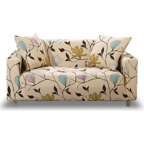 Housse De Canapé En Polyester Revêtement De Canapé Elasticité Stretch Protecteur De Canapé Slipcover (3 Places, Feuilles Beiges) Sans Taie D'oreiller (1/5)