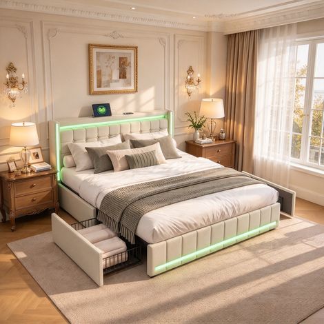 Lit 180x200 cm avec tiroir, lit capitonné,avec LED, cadre de lit avec 4 tiroirs en fer et chargement USB, sommier à lattes en bois,sans matelas-Matière en lin-Beige (1/5)