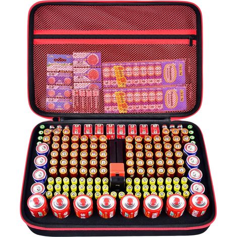 Organisateur de piles et mallette de rangement avec testeur pour 162 piles bouton AA AAA 4A C D 9 V 3 V Lithium LR44 CR2 CR123 CR1632 CR2032 18650 Rouge (1/5)