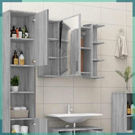 815523 Armoire à miroir de salle de bain Sonoma gris 80x20,5x64cm Bois (1/5)