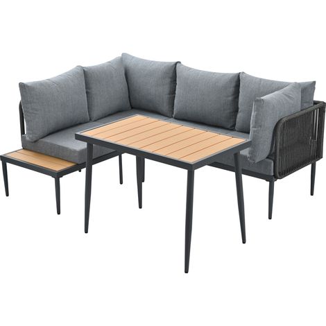 Ensemble de mobilier d'extérieur avec canapé d'angle et table à manger gris en acier galvanisé et bois plastique (1/5)