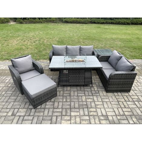 Fimous Polyrattan Gartenmöbel Set Garten Sofa im Freien Gasfeuerstelle Esstisch und Sofa Sessel set mit Beistelltisch 2 Großer Hockern (1/5)