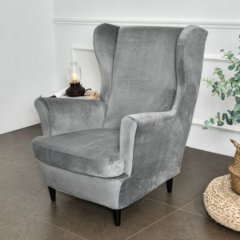 Funda elástica de terciopelo para sillón orejero, 2 piezas, con cojín en forma de T, color antracita liso, antideslizante, para dormitorio (gris) (1/4)