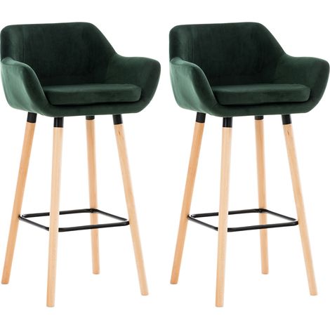Set di 2 sgabelli da bar in velluto verde gambe in legno con poggiapiedi e braccioli stile moderno retrò 100000319