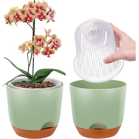Lot de 2 pots orchidée grande taille 18,2 cm auto-arrosant double paroi vert (1/5)