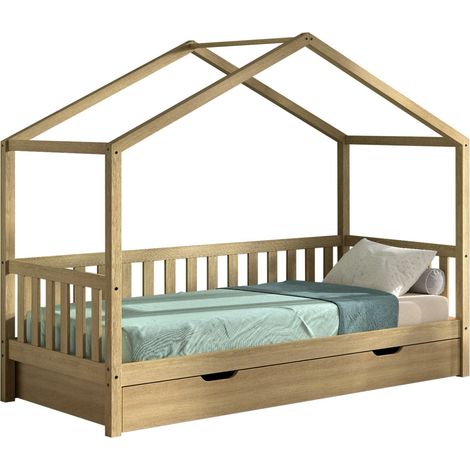 Lit cabane avec tiroir lit VIKAZ 90x200 - Chêne massif naturel (1/5)