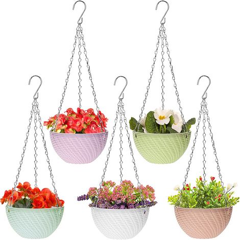 5 PCS panier en plastique, panier à plantes pot de fleurs porte - plantes conteneur avec crochet à chaîne pour plantes fleurs et herbes (5 couleurs, motif tissé) (1/5)