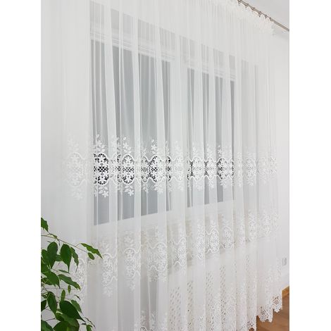 Rideau prêt à poser 400 x 250 cm avec broderie et dentelle guipure sur ruban - blanc (1/4)