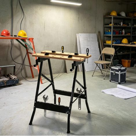 Établi pliable de garage en métal et MDF, table de travail mobile avec règle et rapporteur, surface stable, charge recommandée jusqu’à 100 kg, rangement d’outils et stockage facile - CHICFURN (1/5)
